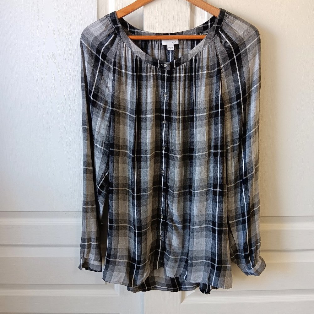 J. Jill Women's Black Plaid Rayon Button Front Long Sleeve Top Size L